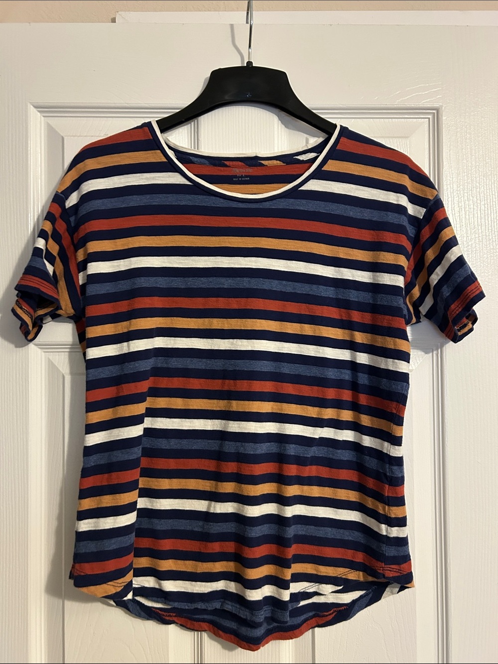 Madewell Navy, Rust & Mustard Striped Short Sleeve Women’s Crewneck - Large - Picture 2 of 6